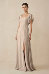 Chiffon A - Line Long Bridesmaid Dress with Flutter Sleeves in Almond - KissProm Bridesmaid Dresses