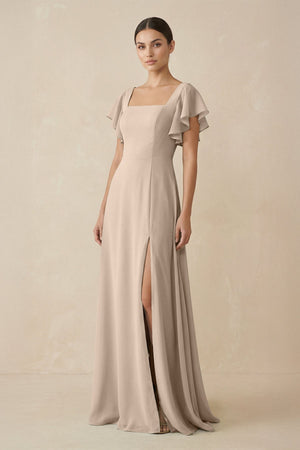 Chiffon A - Line Long Bridesmaid Dress with Flutter Sleeves in Almond - KissProm Bridesmaid Dresses
