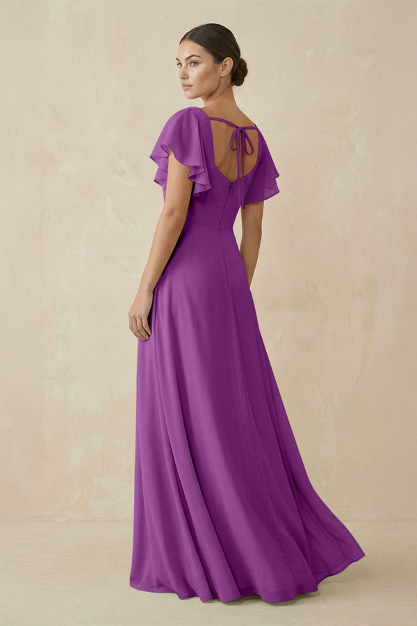 Chiffon A - Line Long Bridesmaid Dress with Flutter Sleeves in Amethyst - KissProm Bridesmaid Dresses