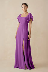 Chiffon A - Line Long Bridesmaid Dress with Flutter Sleeves in Amethyst - KissProm Bridesmaid Dresses