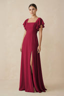 Chiffon A - Line Long Bridesmaid Dress with Flutter Sleeves in Berry - KissProm Bridesmaid Dresses
