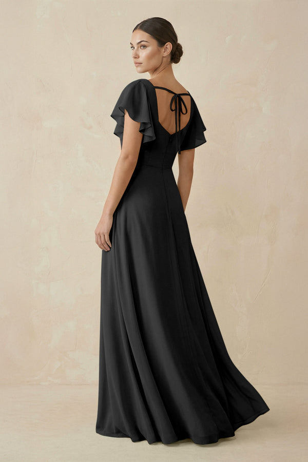 Chiffon A-Line Long Bridesmaid Dress with Flutter Sleeves in Black, Black / 0 Chiffon A-Line Long Bridesmaid Dress with Flutter Sleeves in Black, Black / 0