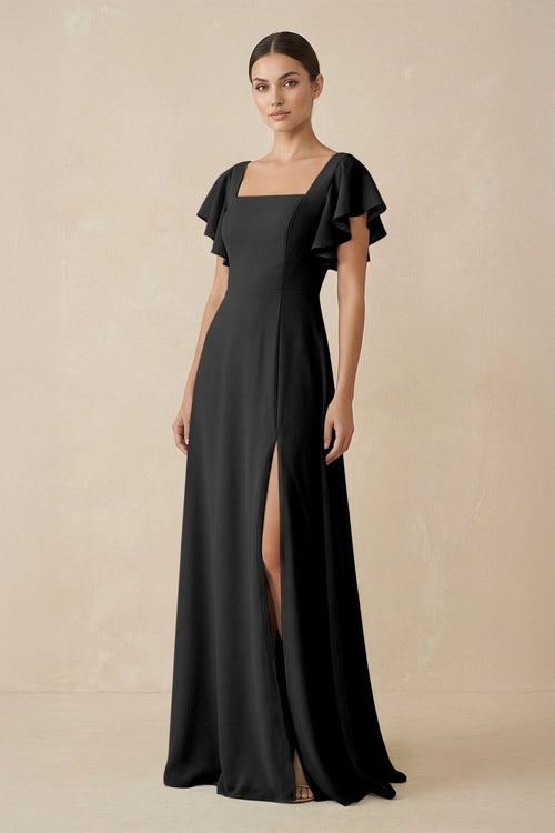 Chiffon A-Line Long Bridesmaid Dress with Flutter Sleeves in Black, Black / 0