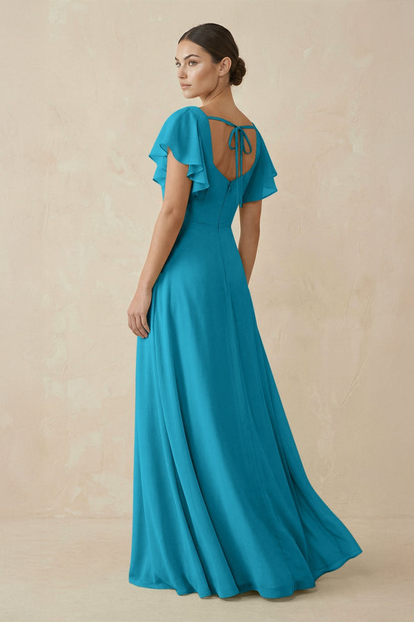Chiffon A-Line Long Bridesmaid Dress with Flutter Sleeves in Blue Jay, Blue Jay / 6 Chiffon A-Line Long Bridesmaid Dress with Flutter Sleeves in Blue Jay, Blue Jay / 6