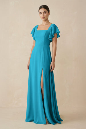 Chiffon A - Line Long Bridesmaid Dress with Flutter Sleeves in Blue Jay - KissProm Bridesmaid Dresses