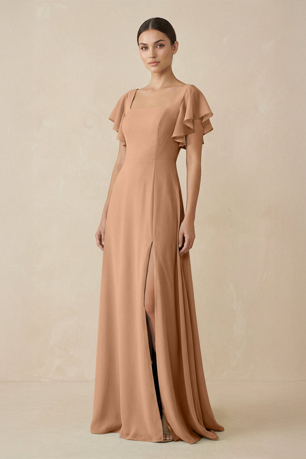 Chiffon A - Line Long Bridesmaid Dress with Flutter Sleeves in Bronzer - KissProm Bridesmaid Dresses