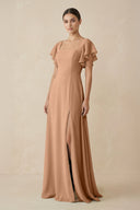 Chiffon A - Line Long Bridesmaid Dress with Flutter Sleeves in Bronzer - KissProm Bridesmaid Dresses