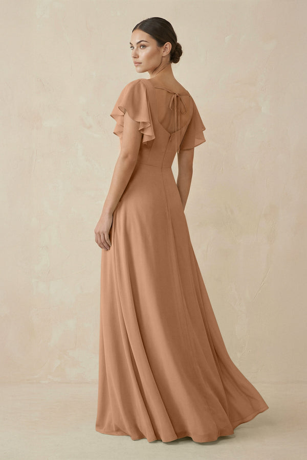 Chiffon A - Line Long Bridesmaid Dress with Flutter Sleeves in Bronzer - KissProm Bridesmaid Dresses
