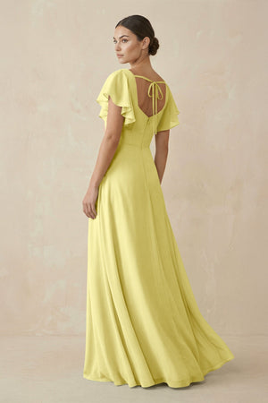 Chiffon A - Line Long Bridesmaid Dress with Flutter Sleeves in Buttercup - KissProm Bridesmaid Dresses