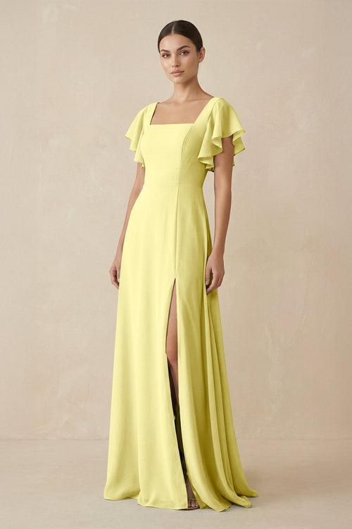 Chiffon A - Line Long Bridesmaid Dress with Flutter Sleeves in Buttercup - KissProm Bridesmaid Dresses