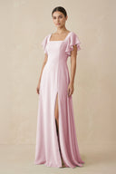 Chiffon A - Line Long Bridesmaid Dress with Flutter Sleeves in Candy Pink - KissProm Bridesmaid Dresses