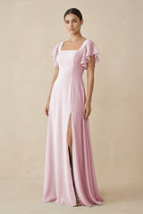 Chiffon A - Line Long Bridesmaid Dress with Flutter Sleeves in Candy Pink - KissProm Bridesmaid Dresses