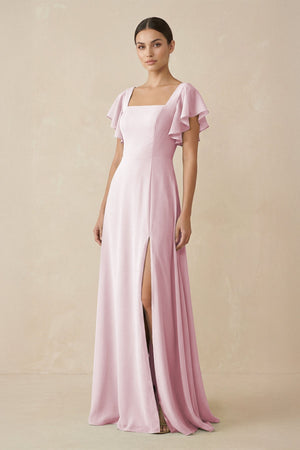 Chiffon A - Line Long Bridesmaid Dress with Flutter Sleeves in Candy Pink - KissProm Bridesmaid Dresses