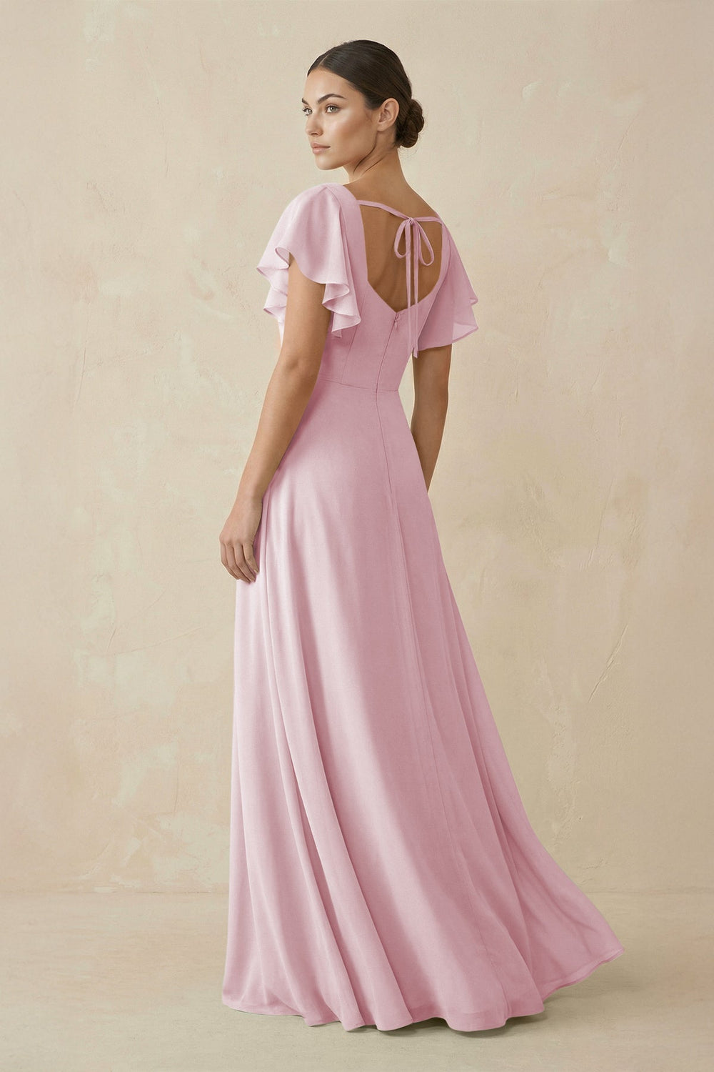 Chiffon A - Line Long Bridesmaid Dress with Flutter Sleeves in Candy Pink - KissProm Bridesmaid Dresses