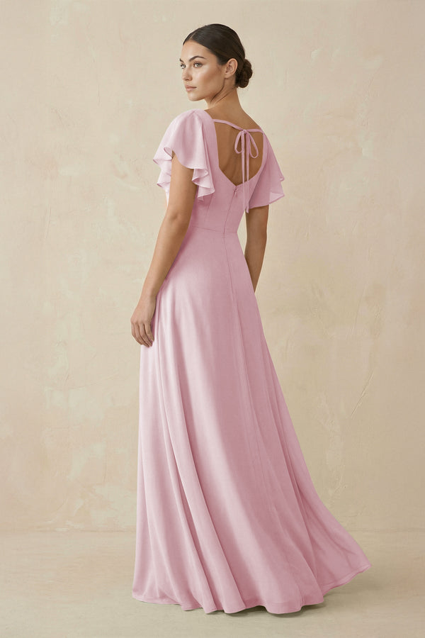 Chiffon A - Line Long Bridesmaid Dress with Flutter Sleeves in Candy Pink - KissProm Bridesmaid Dresses