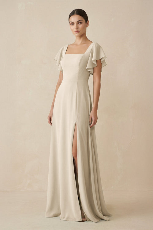 Chiffon A-Line Long Bridesmaid Dress with Flutter Sleeves in Champagne, Champagne / 18 Chiffon A-Line Long Bridesmaid Dress with Flutter Sleeves in Champagne, Champagne / 18
