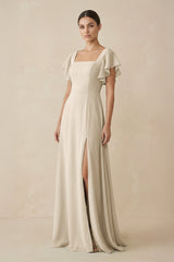 Chiffon A - Line Long Bridesmaid Dress with Flutter Sleeves in Champagne - KissProm Bridesmaid Dresses