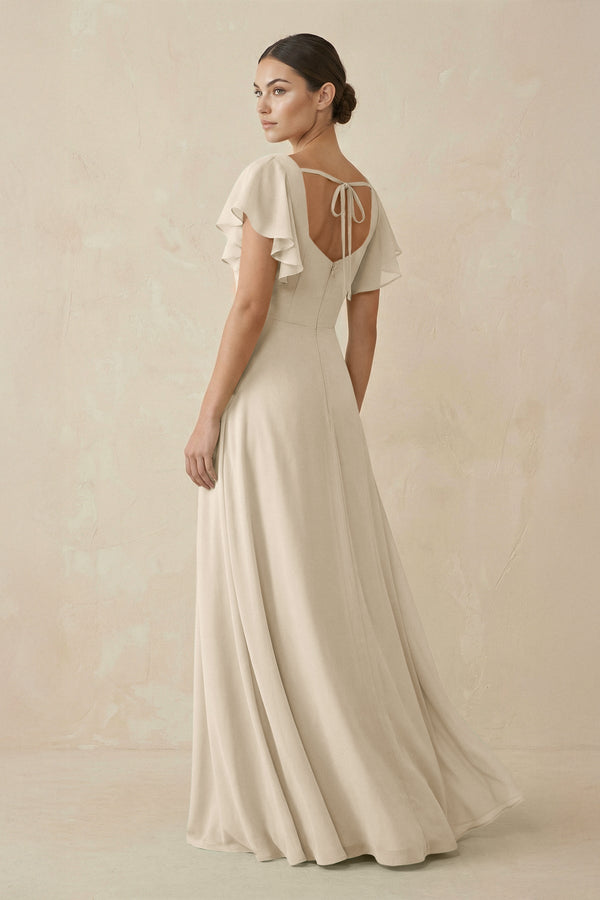 KissProm | Champagne Chiffon Square Neck A-Line Maxi Dress with Slit KissProm | Champagne Chiffon Square Neck A-Line Maxi Dress with Slit