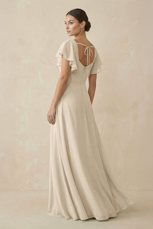 Chiffon A - Line Long Bridesmaid Dress with Flutter Sleeves in Champagne - KissProm Bridesmaid Dresses