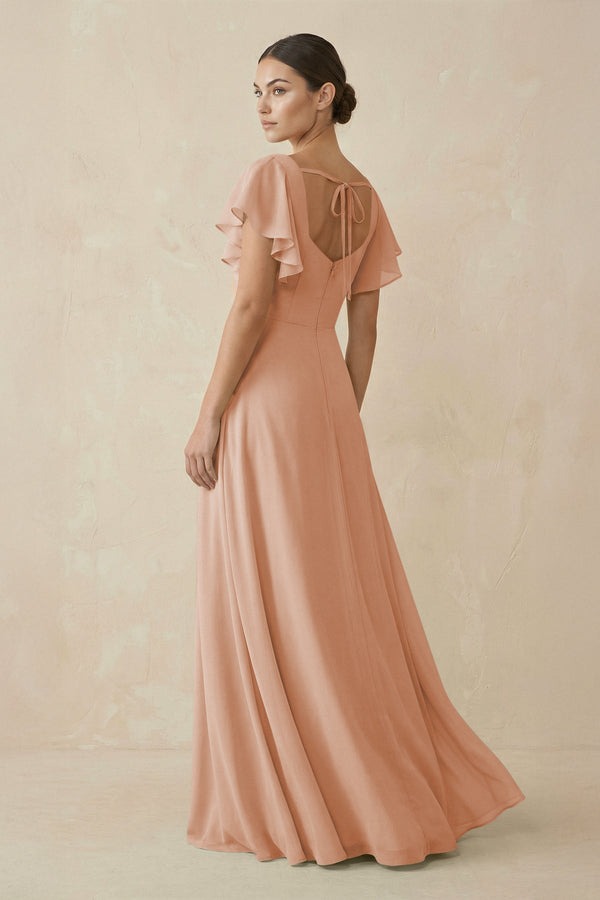 Chiffon A-Line Long Bridesmaid Dress with Flutter Sleeves in Champagne Chiffon A-Line Long Bridesmaid Dress with Flutter Sleeves in Champagne