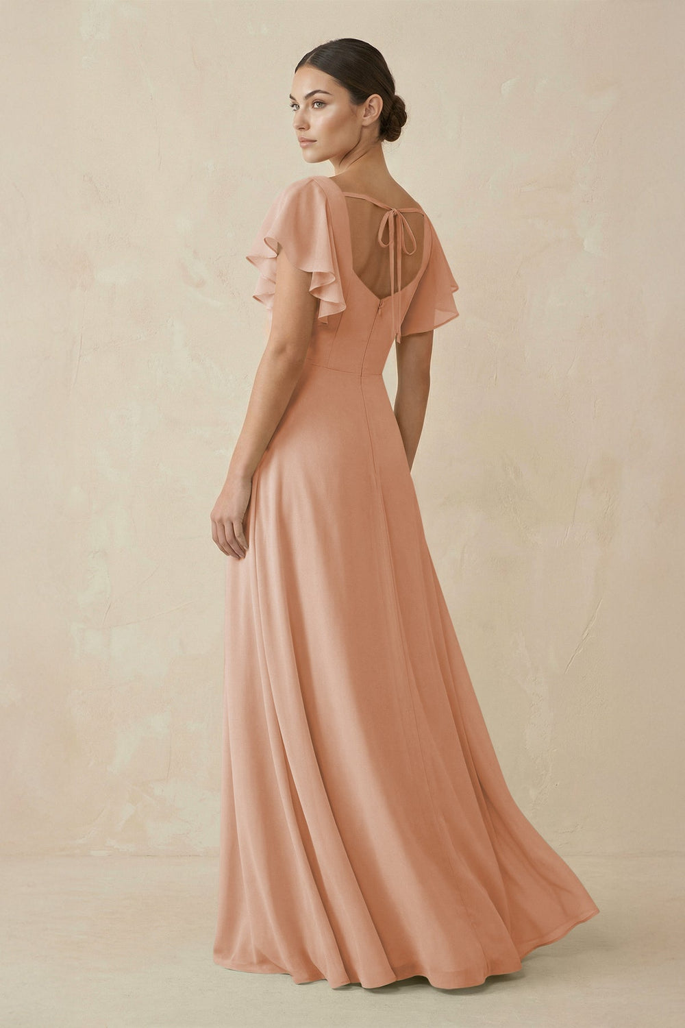 Chiffon A - Line Long Bridesmaid Dress with Flutter Sleeves in Champagne Rose - KissProm Bridesmaid Dresses