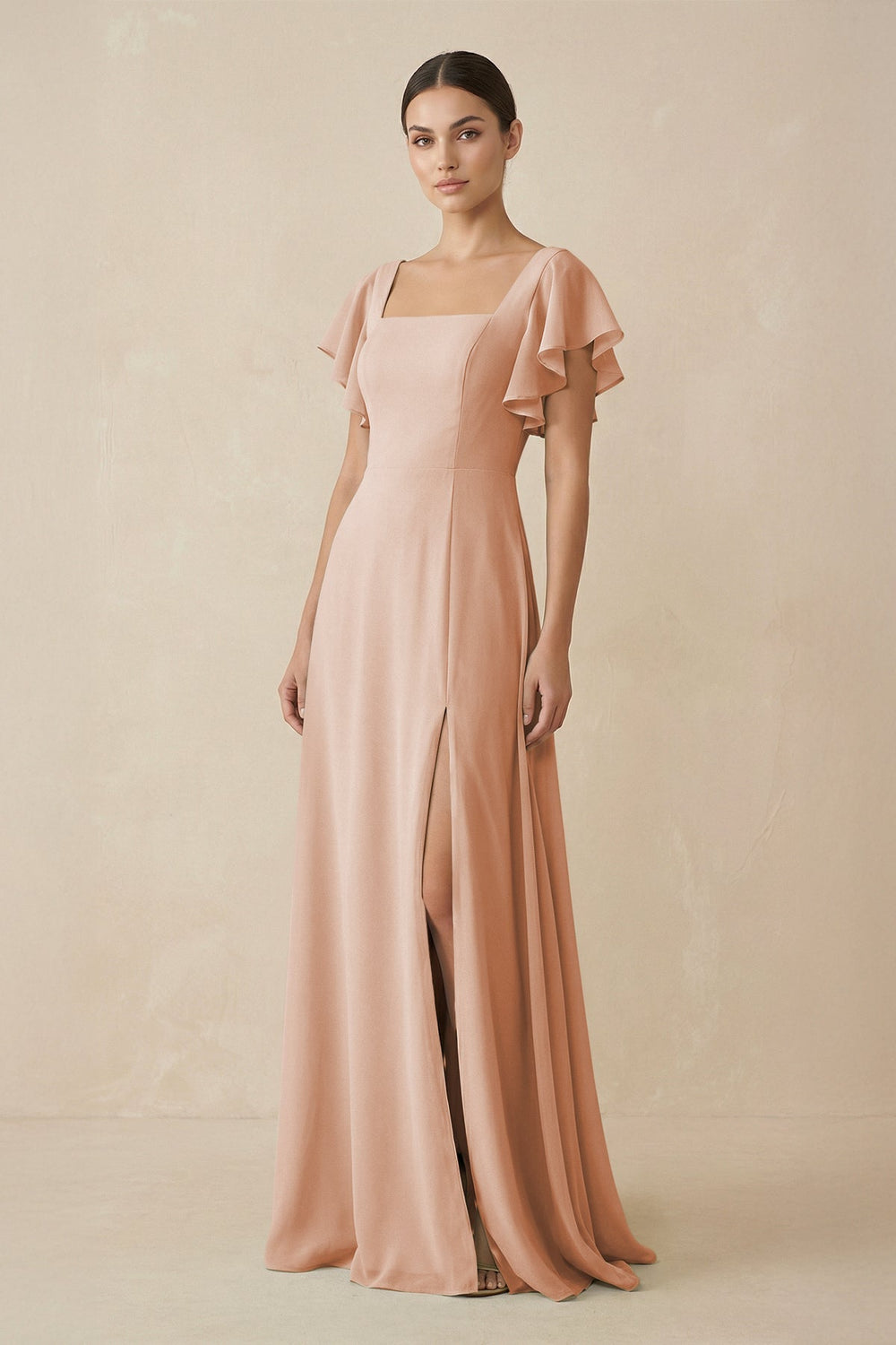 Chiffon A - Line Long Bridesmaid Dress with Flutter Sleeves in Champagne Rose - KissProm Bridesmaid Dresses
