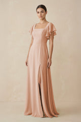Chiffon A - Line Long Bridesmaid Dress with Flutter Sleeves in Champagne Rose - KissProm Bridesmaid Dresses