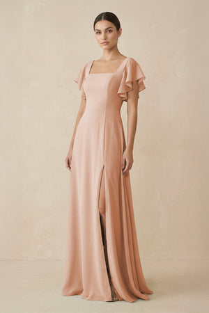 Chiffon A - Line Long Bridesmaid Dress with Flutter Sleeves in Champagne Rose - KissProm Bridesmaid Dresses