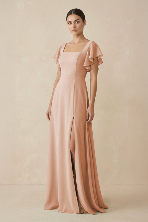 Chiffon A - Line Long Bridesmaid Dress with Flutter Sleeves in Champagne Rose - KissProm Bridesmaid Dresses