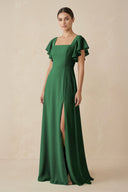 Chiffon A - Line Long Bridesmaid Dress with Flutter Sleeves in Dark Green - KissProm Bridesmaid Dresses