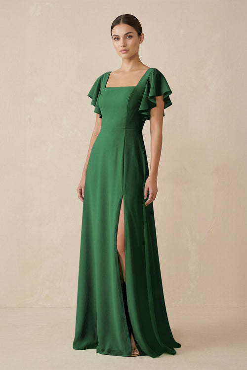dark green chiffon bridesmaid dress Green Bridesmaid Dress 2021 Cowl Neck Chiffon Maxi Slip Dress with Slit Burgundy / 2 main image 1