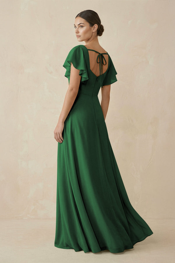 Chiffon A-Line Long Bridesmaid Dress with Flutter Sleeves in Dark Green, Dark Green / 16