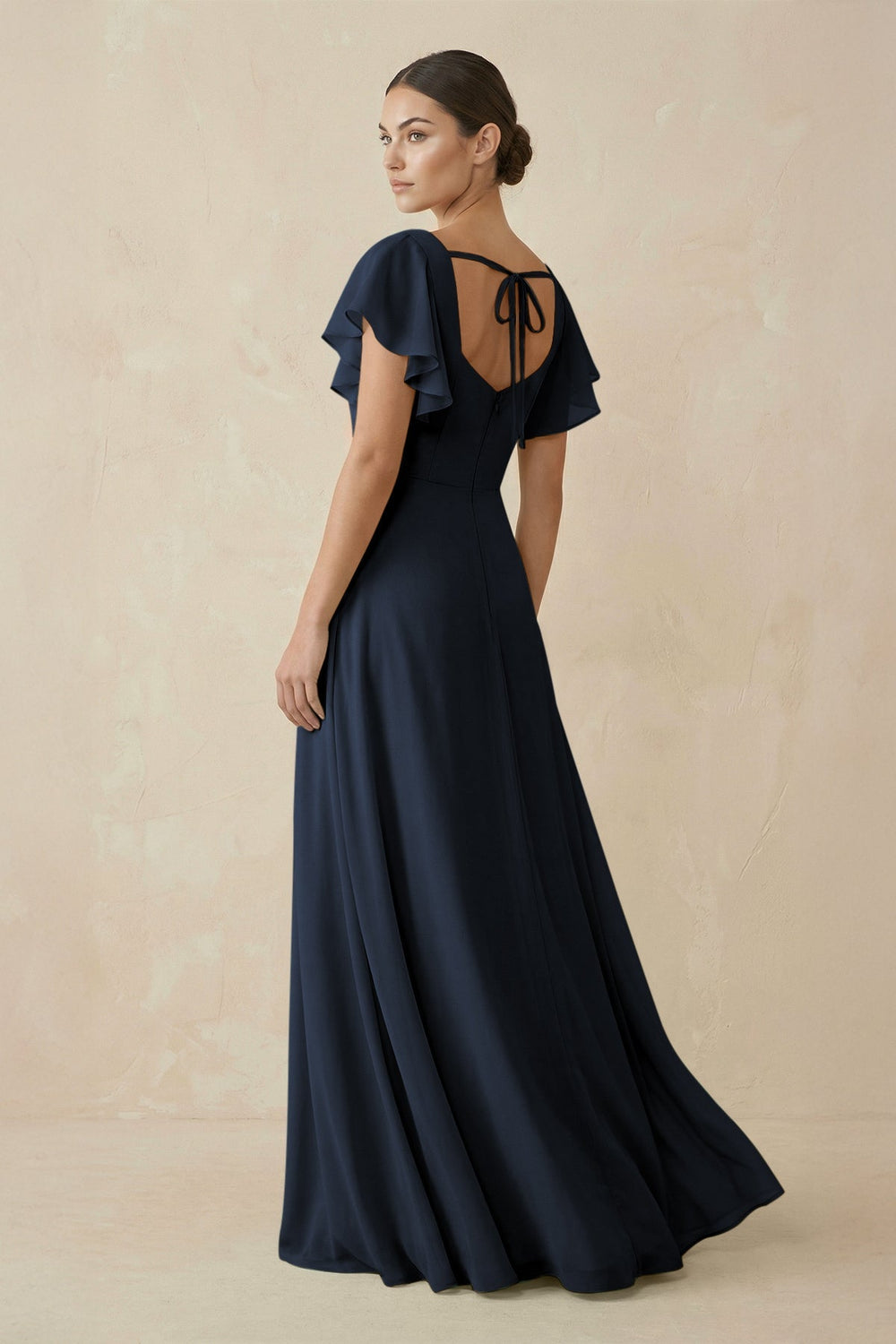 Chiffon A - Line Long Bridesmaid Dress with Flutter Sleeves in Navy - KissProm Bridesmaid Dresses