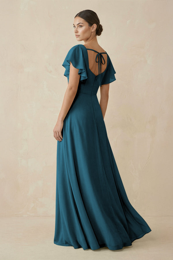 Chiffon A-Line Long Bridesmaid Dress with Flutter Sleeves in Dark Teal, Dark Teal / 2