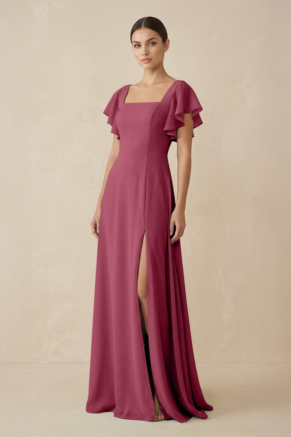 Chiffon A - Line Long Bridesmaid Dress with Flutter Sleeves in Desert Rose - KissProm Bridesmaid Dresses