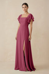 Chiffon A - Line Long Bridesmaid Dress with Flutter Sleeves in Desert Rose - KissProm Bridesmaid Dresses