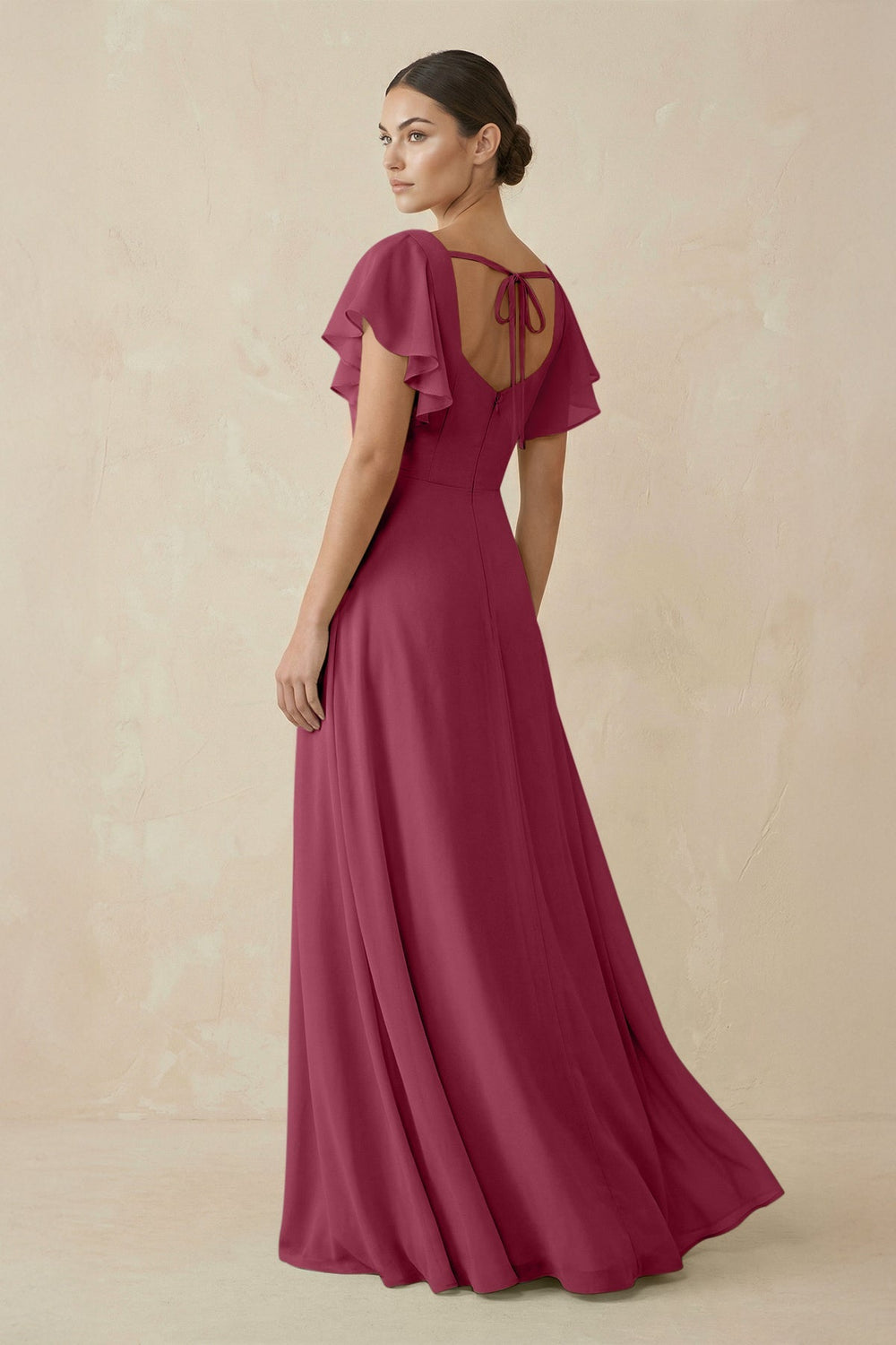 Chiffon A - Line Long Bridesmaid Dress with Flutter Sleeves in Desert Rose - KissProm Bridesmaid Dresses