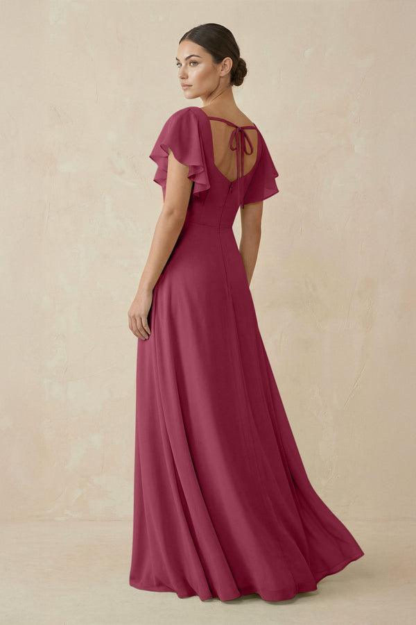 Chiffon A-Line Long Bridesmaid Dress with Flutter Sleeves in Desert Rose, Desert Rose / 12