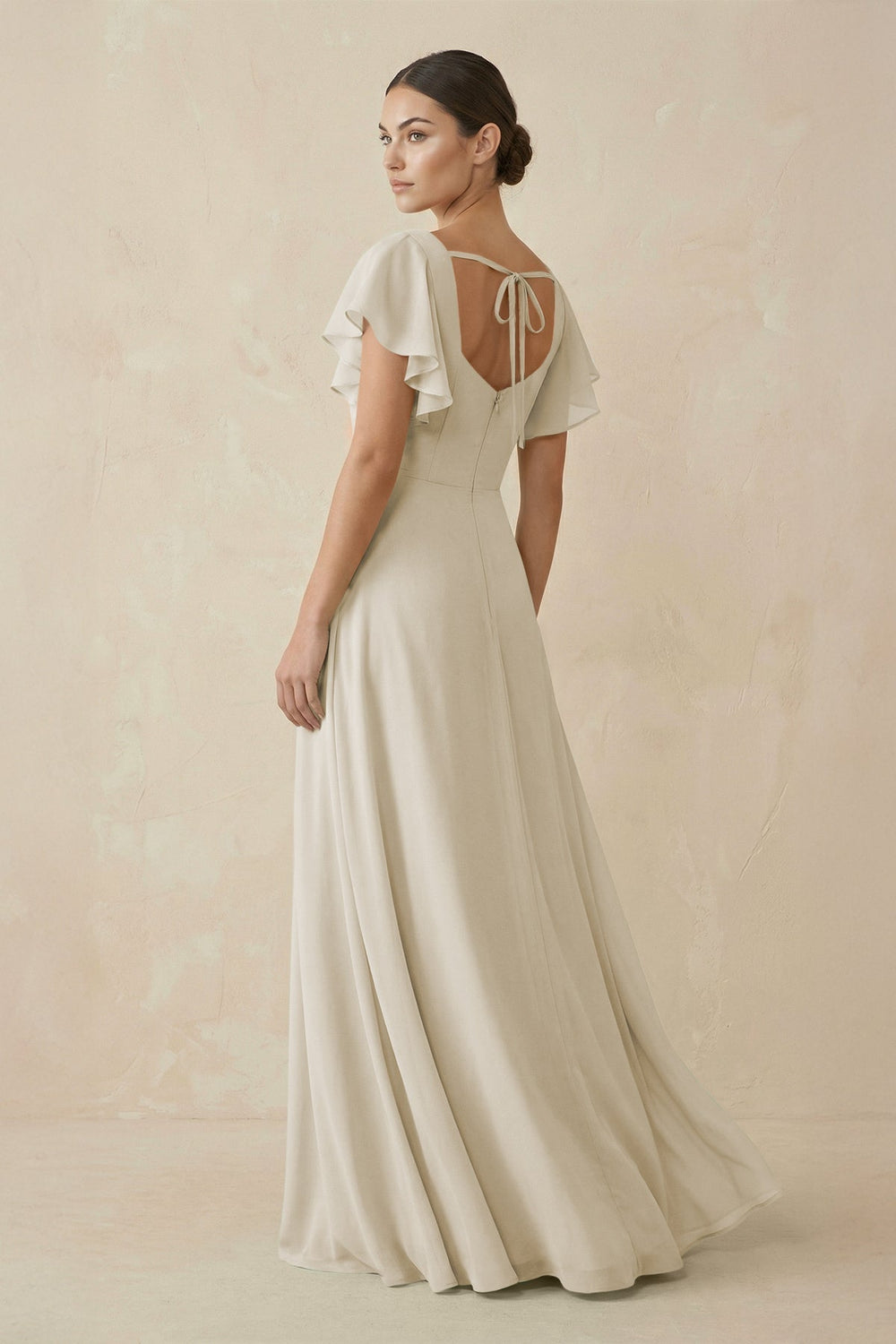 Chiffon A - Line Long Bridesmaid Dress with Flutter Sleeves in Dove Gray - KissProm Bridesmaid Dresses