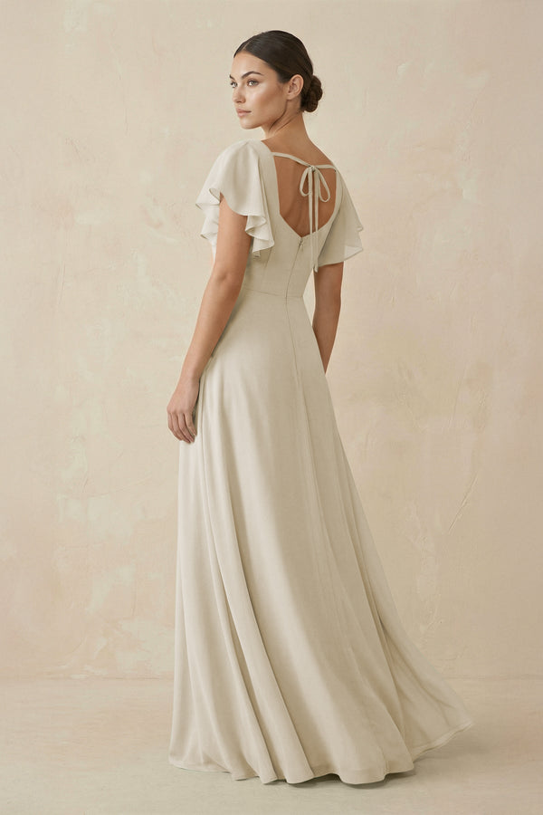 Chiffon A-Line Long Bridesmaid Dress with Flutter Sleeves in Dove Gray, Dove Gray / 2