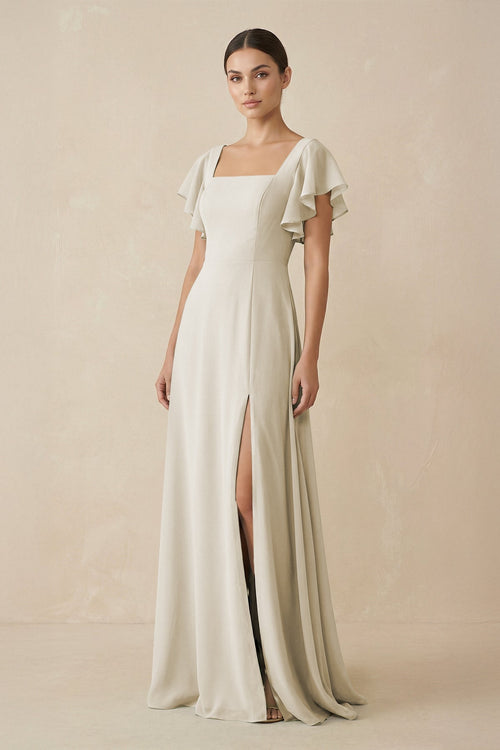 Chiffon A-Line Long Bridesmaid Dress with Flutter Sleeves in Dove Gray, Dove Gray / 2 Chiffon A-Line Long Bridesmaid Dress with Flutter Sleeves in Dove Gray, Dove Gray / 2