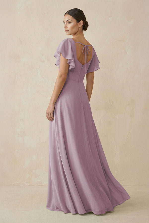 Chiffon A-Line Long Bridesmaid Dress with Flutter Sleeves in Dusk, Dusk / 12