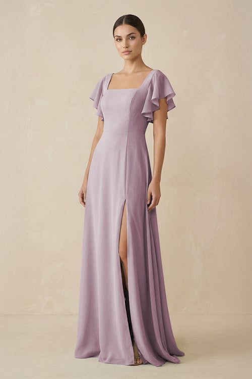 KissProm Chiffon A-Line Long Bridesmaid Dress with Flutter Sleeves in Dusk, Dusk / 12