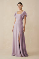 Chiffon A - Line Long Bridesmaid Dress with Flutter Sleeves in Dusk - KissProm Bridesmaid Dresses