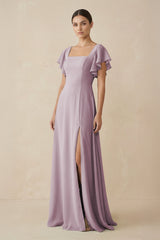 Chiffon A - Line Long Bridesmaid Dress with Flutter Sleeves in Dusk - KissProm Bridesmaid Dresses