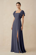 Chiffon A - Line Long Bridesmaid Dress with Flutter Sleeves in Dusk Blue - KissProm Bridesmaid Dresses