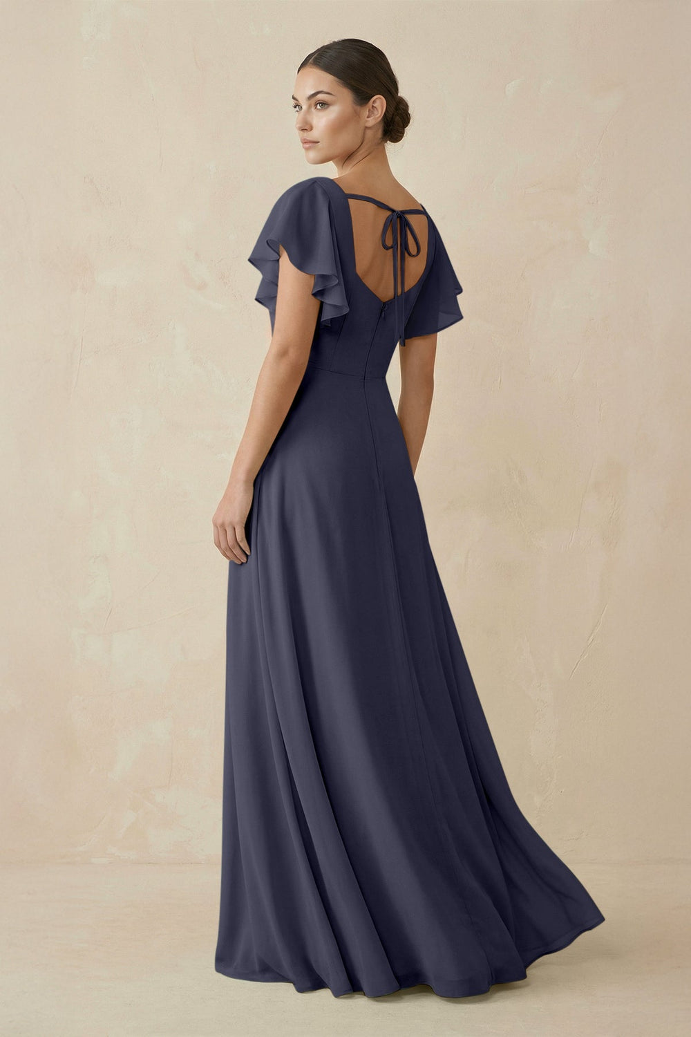 Chiffon A - Line Long Bridesmaid Dress with Flutter Sleeves in Dusk Blue - KissProm Bridesmaid Dresses