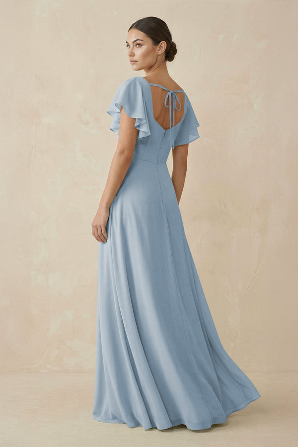 Chiffon A-Line Long Bridesmaid Dress with Flutter Sleeves in Dusty Blue, Dusty Blue / 2 Chiffon A-Line Long Bridesmaid Dress with Flutter Sleeves in Dusty Blue, Dusty Blue / 2