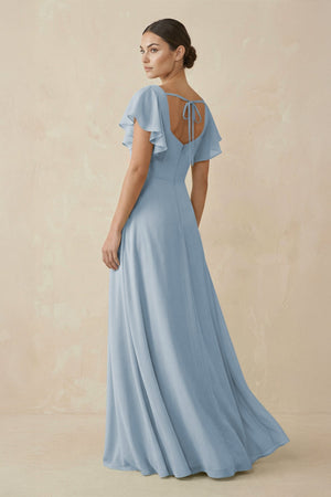 Chiffon A - Line Long Bridesmaid Dress with Flutter Sleeves in Dusty Blue - KissProm Bridesmaid Dresses