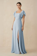 Chiffon A - Line Long Bridesmaid Dress with Flutter Sleeves in Dusty Blue - KissProm Bridesmaid Dresses